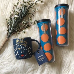 Mermaid Starbucks mug, and two (fall) travel mugs